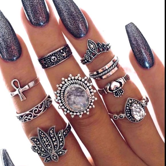 Jewelry - 3/$30 NWOT! 9 Piece Boho Silver Knuckle Ring Set